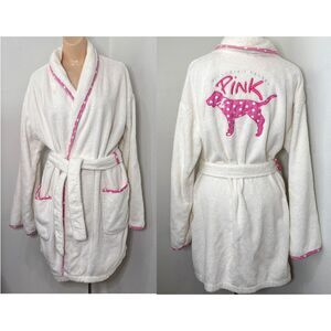 Victorias Secret PINK Womens Robe Medium Terry Cloth Bath Love Pink Dog Y2K Vtg